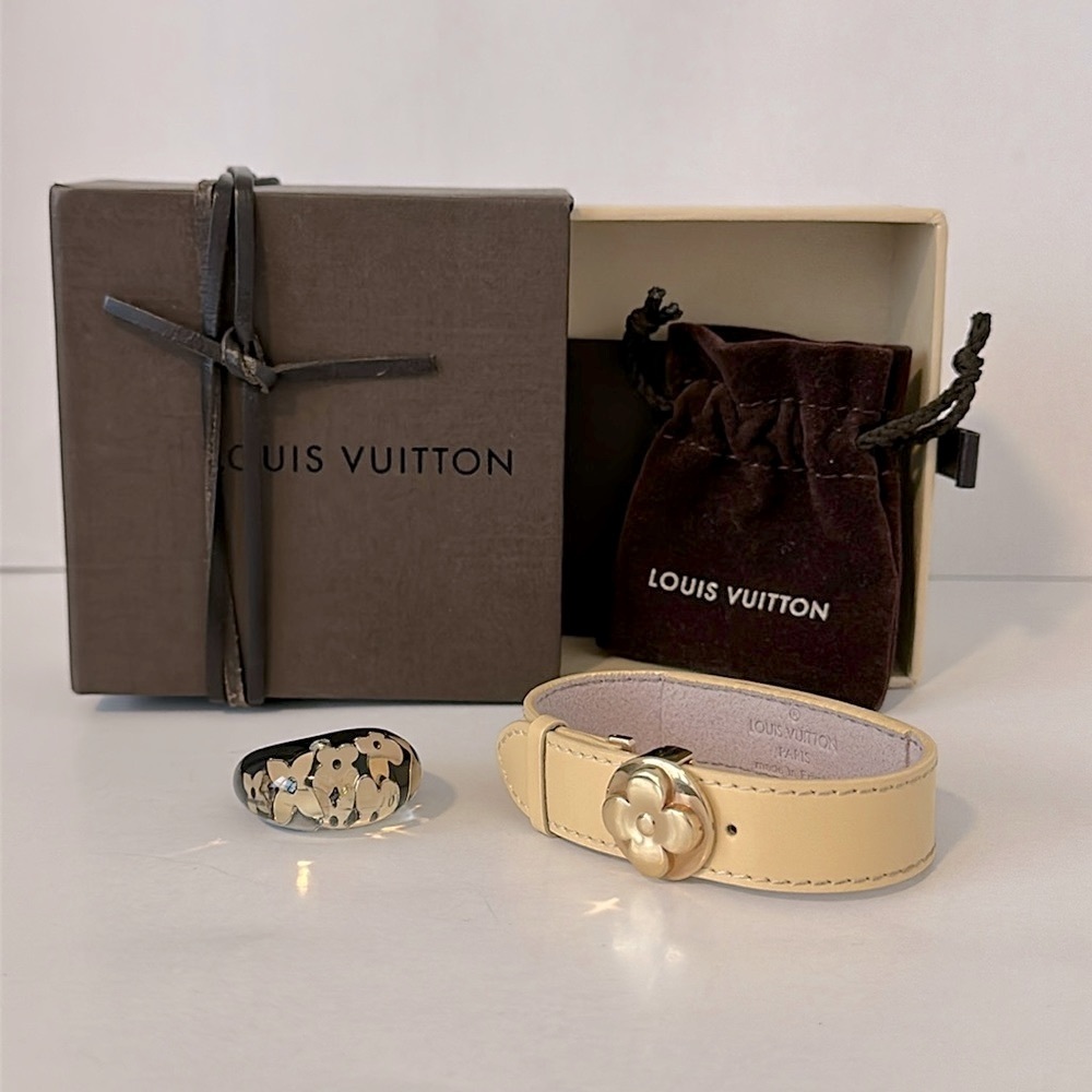 23 Authentic Louis Vuitton Like New Leather Bangle and Ring with Box Good Luck